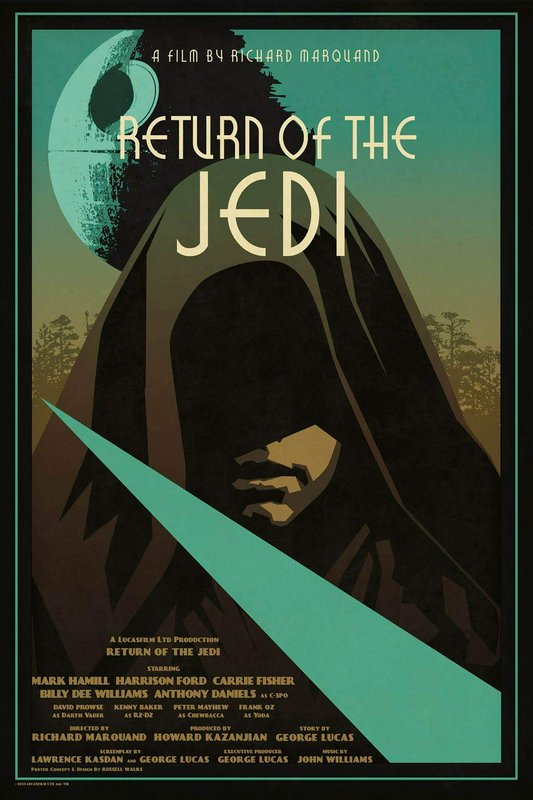 Vintage-style poster for Return of the Jedi featuring a hooded figure, teal lightsaber, and moonl...