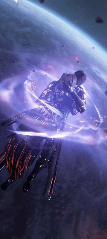 Sci-fi warrior with glowing blades in orbit around a blue planet, energy rings swirling.
