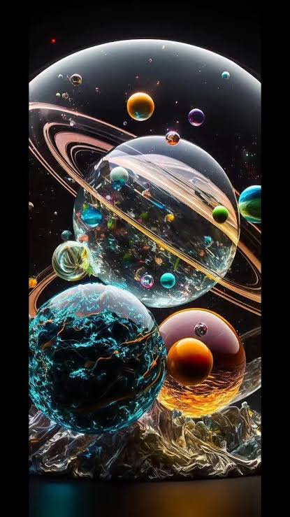 Vibrant planets inside glass spheres with rings set against a dark space background.
