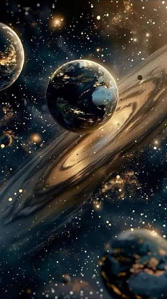 A vibrant space scene featuring a prominent ringed planet with Earth-like and other distant plane...
