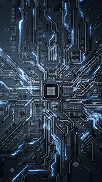 Close-up of a dark circuit board with glowing blue lines converging on a central square microchip.