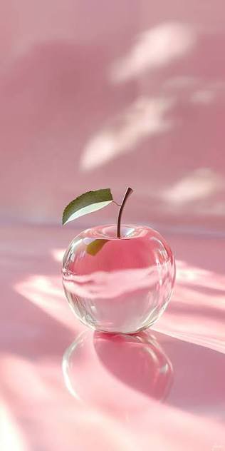 Glass pink apple sculpture with a leaf on a reflective pink surface