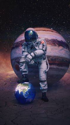 Astronaut sitting on cracked ground beside a glowing Earth globe with a giant planet and starry s...
