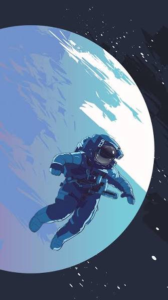 Astronaut in a blue suit floating above a pale blue planet with a dark space backdrop.