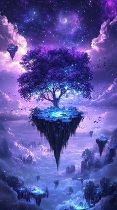 Floating island with a glowing blue tree perched on a jagged rock in a surreal purple sky.
