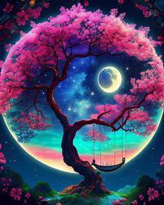 Fantasy illustration of a twisted pink cherry blossom tree with a crescent moon and a person rest...
