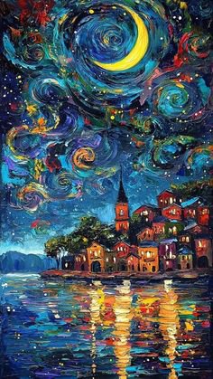 Vibrant night-sky painting with swirling stars and a crescent moon over a coastal village and ref...