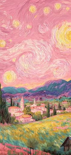 Impressionist-style pink night sky with swirling stars over a colorful village and rolling hills.