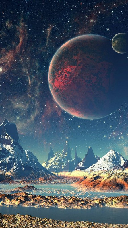 Surreal alien landscape with icy mountains and a large red planet with a smaller moon in a starry...