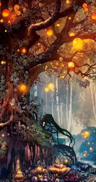 Enchanted forest with glowing orange orbs hanging from twisted trees at dusk