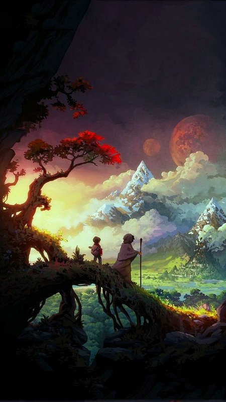 Two travelers on a glowing cliff overlooking a valley with snow-capped mountains at sunset.