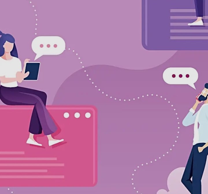Illustration of people using devices and chat bubbles in a purple digital workspace.