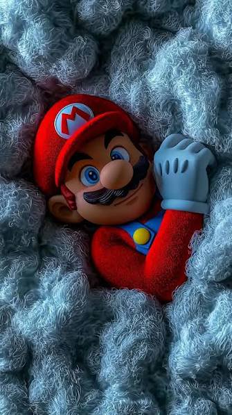 Mario plush tucked in a fluffy blanket, cozy and curious.
