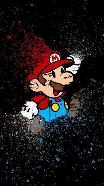 Cartoon Mario from Nintendo with red hat and blue overalls, amid colorful paint splatters on a da...