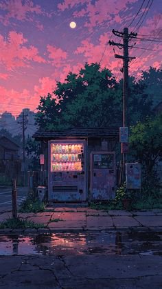 A glowing vending machine on a cracked, wet street at dusk under a pink-purple sky.