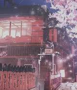 A red wooden Japanese shrine with hanging lanterns, set beside pink flowering trees illuminated b...