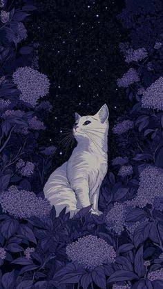 Illustrated white cat sitting among purple hydrangeas, gazing up at a sparkling starry dark night...