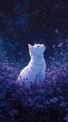 Fluffy white cat sits in a field of purple wildflowers, gazing up at a glowing starry night sky i...