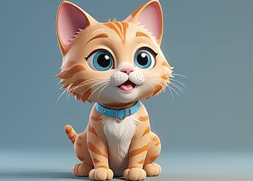 Cute 3D cartoon orange tabby kitten with big blue eyes and blue collar sitting against a soft mut...