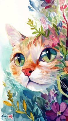 Vibrant watercolor painting of an orange tabby cat with large green eyes, nestled among colorful ...