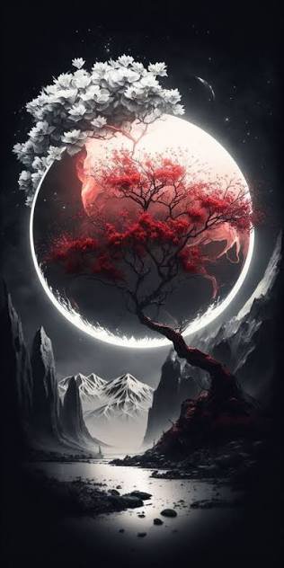 Surreal dual-foliage tree with red cherry blossoms and white blooms, framed by glowing moon over ...
