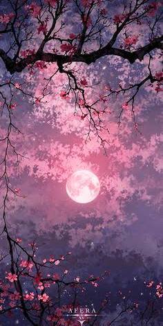 Glowing pink full moon framed by silhouetted cherry blossom branches against a hazy gradient purp...