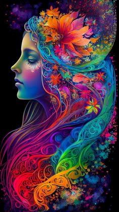 Vibrant psychedelic profile portrait of a serene woman, her ornate swirling rainbow hair filled w...