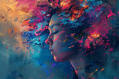 [Abstract profile portrait of a serene woman with closed eyes, surrounded by swirling vibrant pink, blue, and orange brush...
