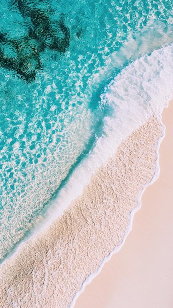 Aerial top-down view of bright turquoise ocean waves lapping against soft pale tropical beach sand