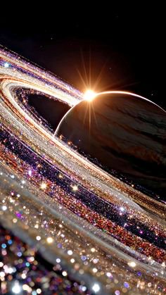 Surreal glittering ringed gas giant planet with bright star flare peeking over its horizon in dee...