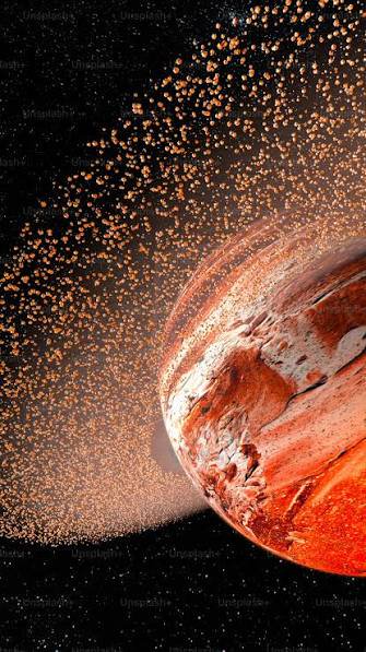 Textured rust-toned marbled planet trails glowing golden cosmic particles across dark starry oute...