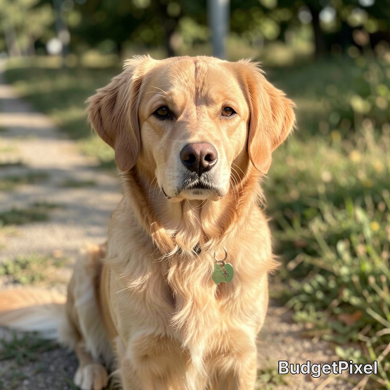 Close-up portrait of a fluffy golden retriever sitting on a sunlit park path, looking directly at...