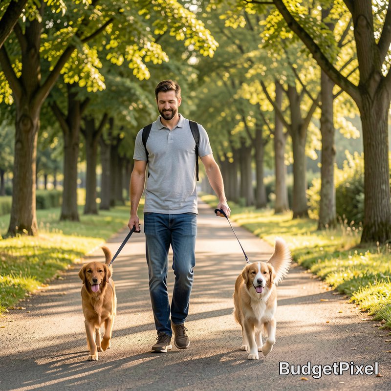 Smiling bearded man walks two happy leashed dogs along a sunlit tree lined park pathway