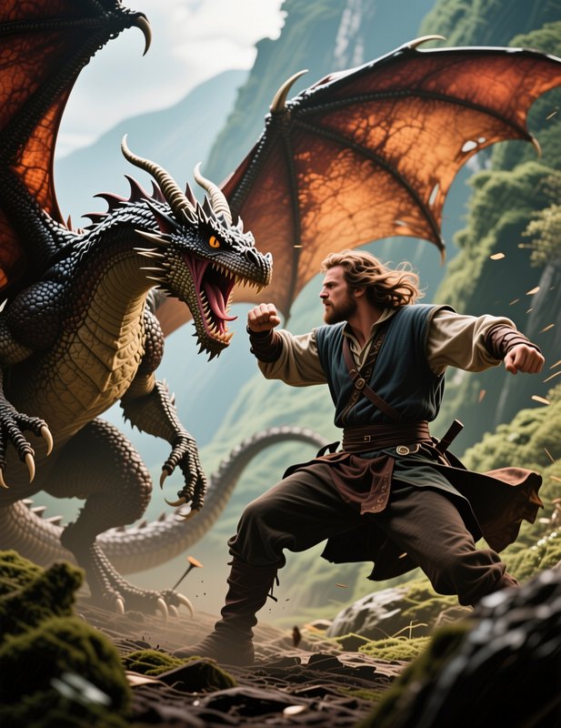 Epic fantasy scene of a bearded medieval warrior in a fighting stance facing a snarling horned dr...