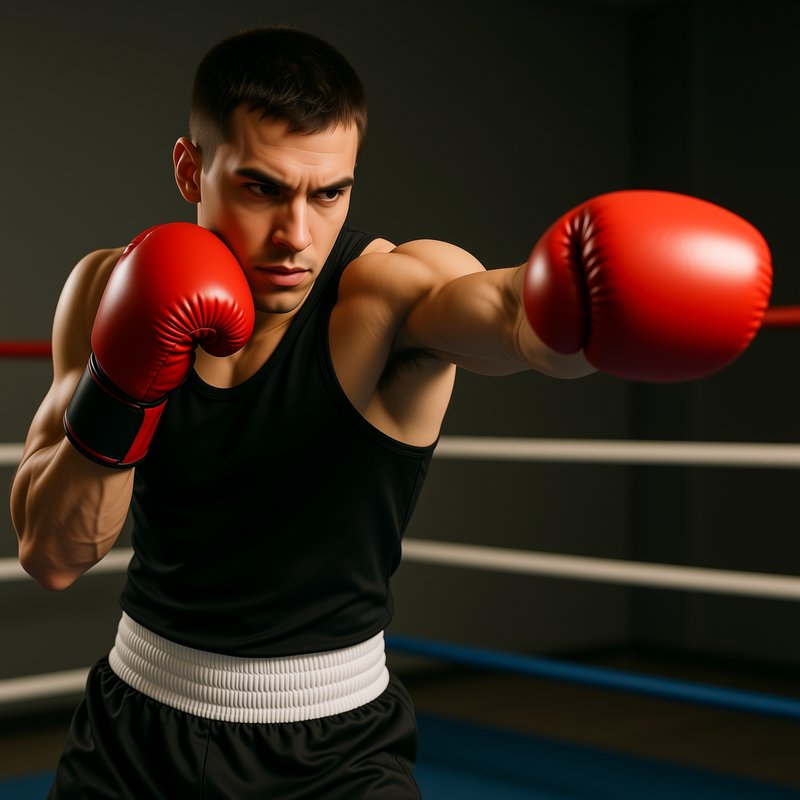 Focused male boxer throws a forward punch wearing red gloves, standing inside a boxing ring with ...