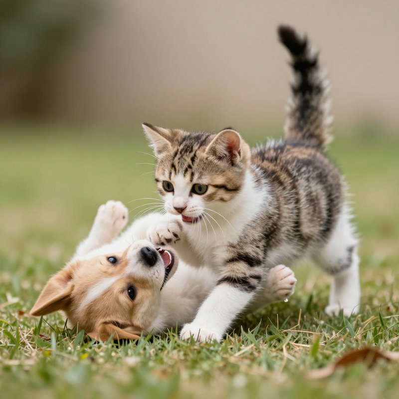 Playful tabby and white kitten tussles gently with a tan corgi puppy lying on its back on green g...