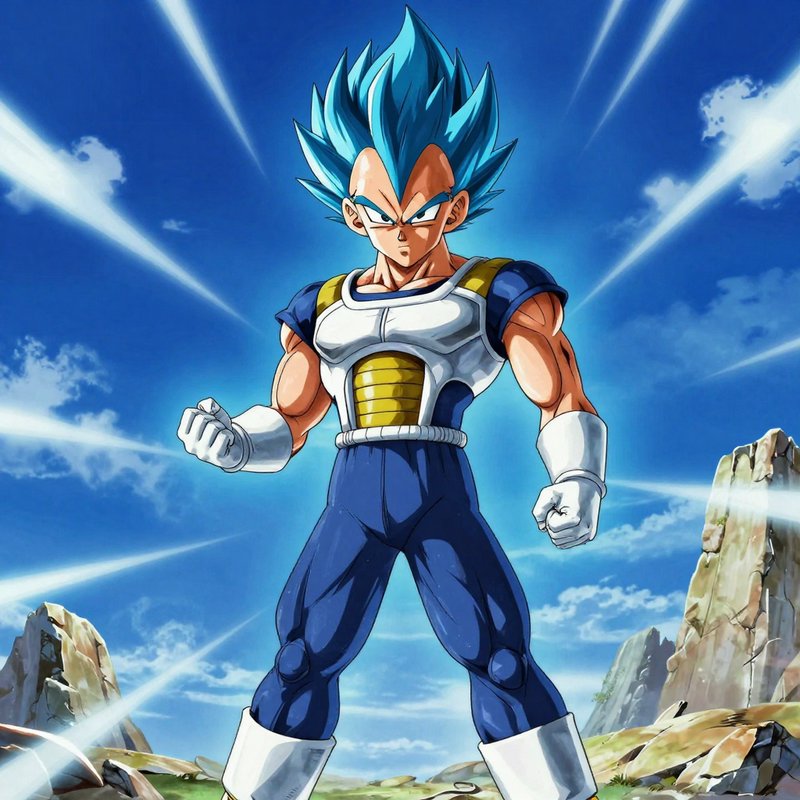 Super Saiyan Blue Vegeta stands clenched-fisted, powering up in Saiyan battle armor against a bri...
