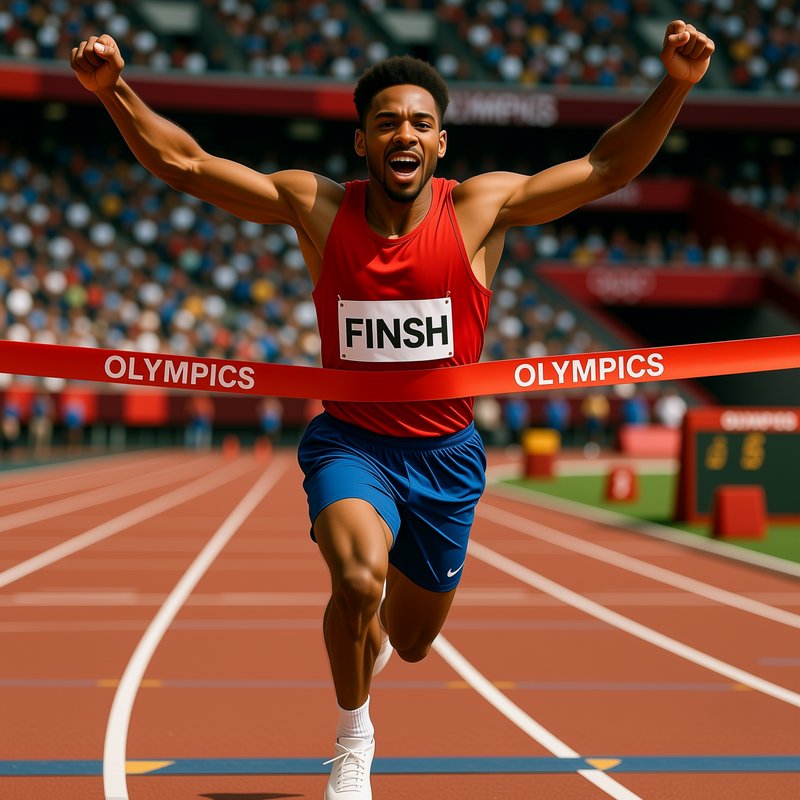 Triumphant male sprinter raises arms in victory crossing the Olympic finish line on a stadium run...
