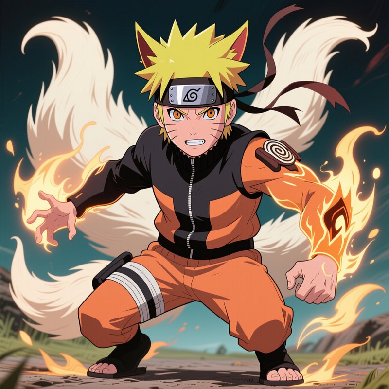 Anime art of Naruto Uzumaki in battle stance, channeling Kurama chakra with fox ears and nine tai...