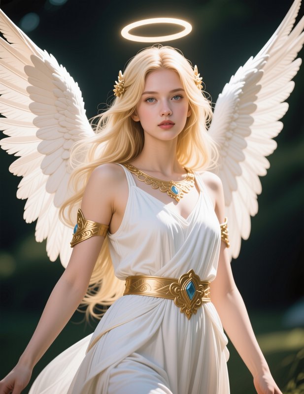 Serene blonde angel with glowing halo, large white feathered wings, and ornate gold regalia in a ...