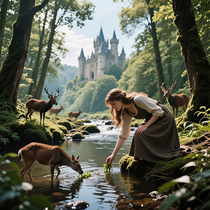 Young woman kneels to feed a deer at a sunlit forest stream, with a fairytale castle and wild sta...