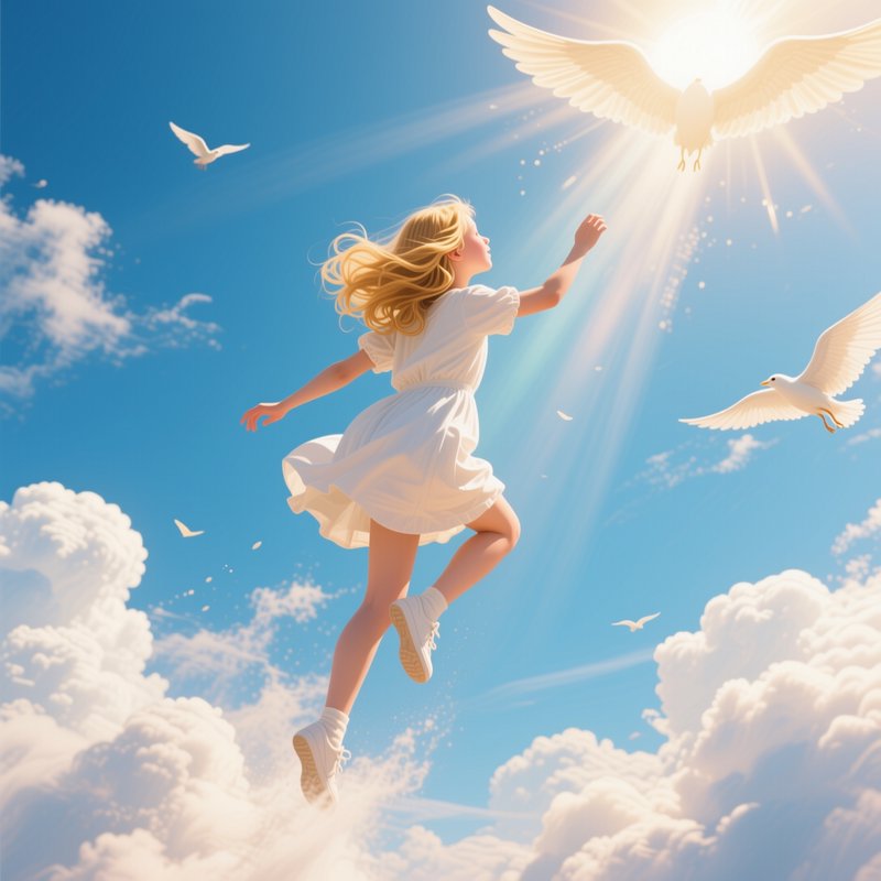 Young blonde girl in white dress reaches upward toward a glowing dove while floating above fluffy...