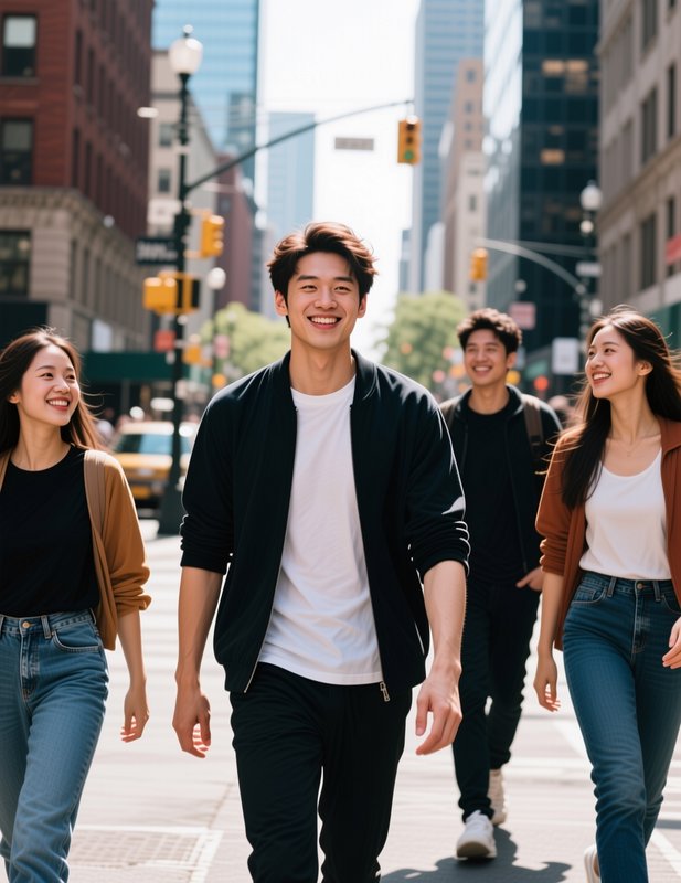 Four smiling young East Asian friends walk together across a sunlit downtown city crosswalk on a ...