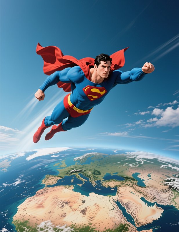 Classic Superman flying at high speed above the curved surface of planet Earth under a bright cle...