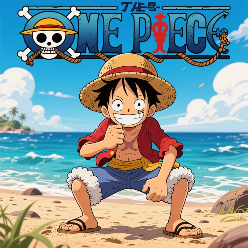 Monkey D. Luffy from One Piece grins while crouching on a sunny tropical beach below the official...