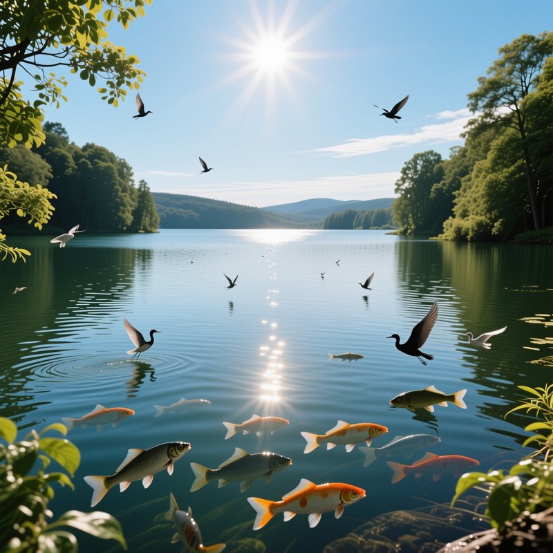 Bright sunlit forest lake with transparent water revealing koi fish, flying wild birds, and lush ...