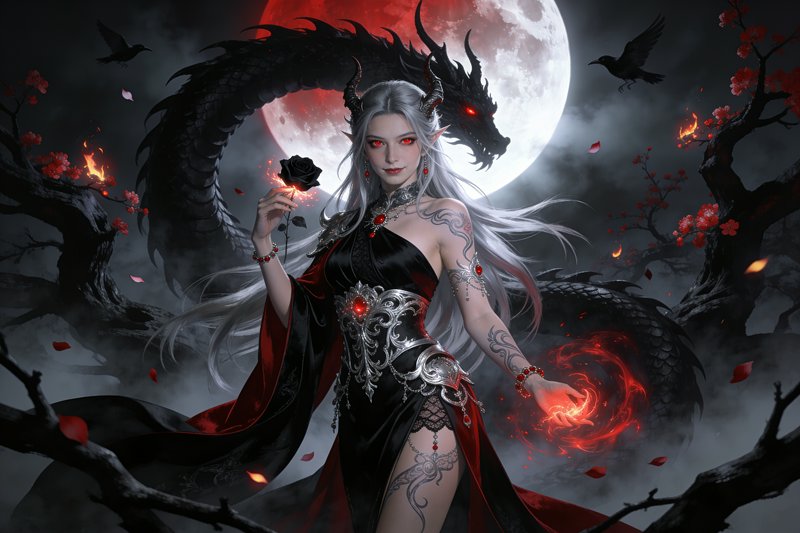 Horned silver-haired elven sorceress holds a black rose, standing with a dark dragon under a glow...