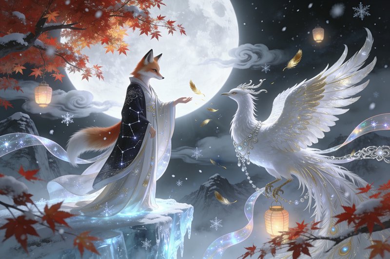 Anthropomorphic kitsune in starry traditional robes faces a divine white phoenix on a snowy cliff...
