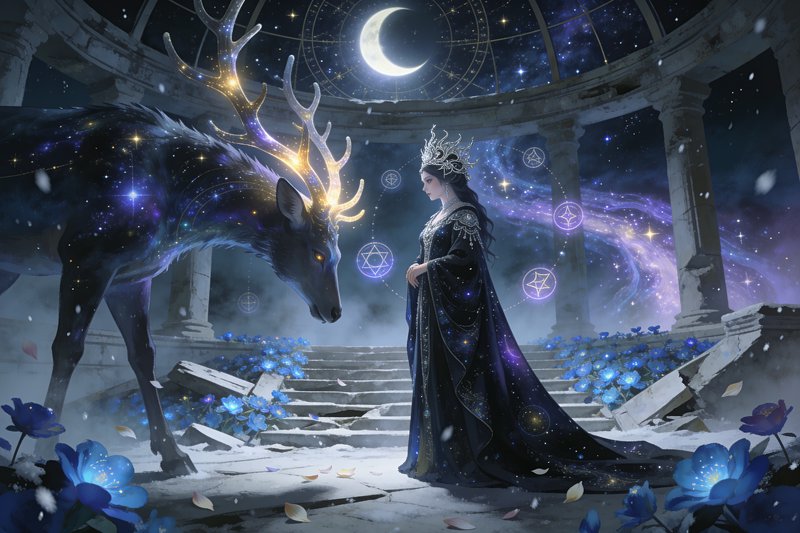 Regal fantasy queen stands face to face with a glowing cosmic stag in a domed ruined temple under...