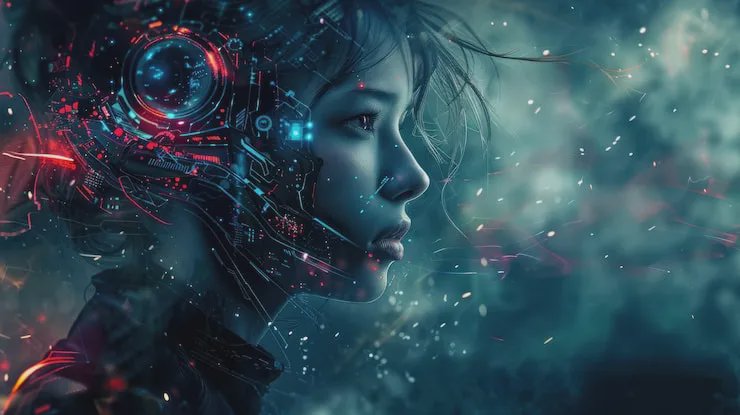 [Side profile portrait of a cyberpunk woman with glowing cybernetic neural headgear against a misty teal sci-fi background]